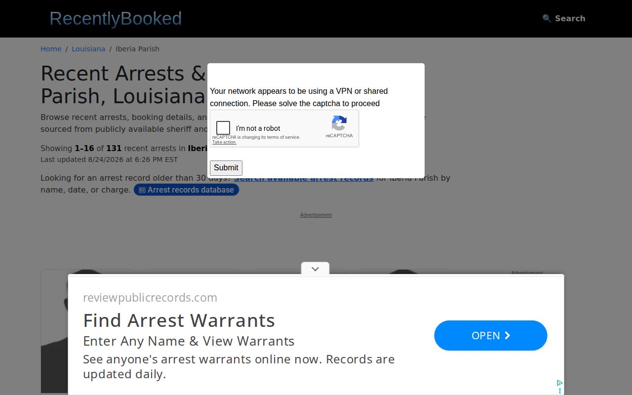 Unofficial RecentlyBooked Iberia Parish booking records page