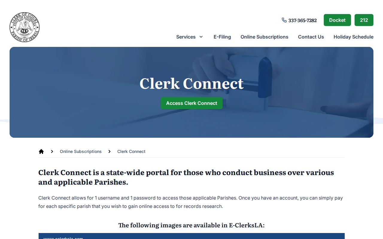 Iberia Parish Clerk Connect criminal court record access page