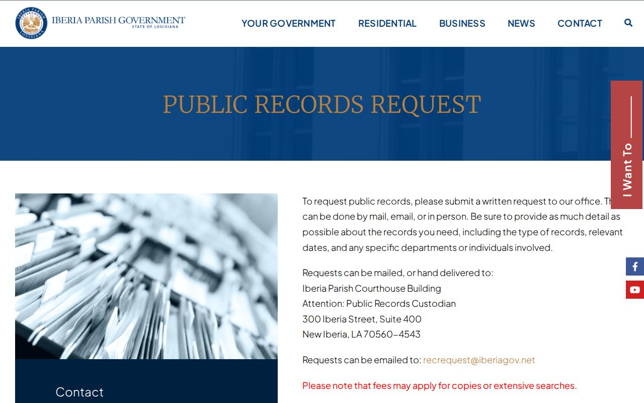 Iberia Parish public records request instructions for booking records